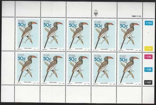 SWA 1988: BIRDS OF SWA 50c FULL SHEET OF 10 MNH (SACC 517)