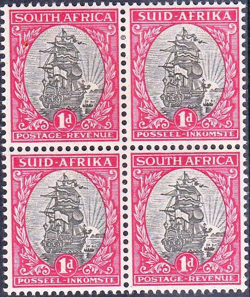 UNION 1934: DEFINITIVE ISSUE 1d BLOCK OF 4 (TOP PAIR HINGED ONLY) (SACC56)
