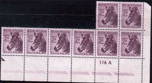 UNION 1954: DEFINITIVE ISSUE 2d ZEBRA CONTROL BLOCK OF 8 CYL 116A MNH (SACC153)