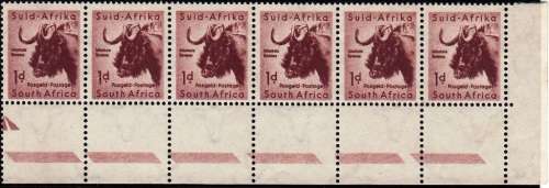 UNION 1954: DEFINITIVE ISSUE 1d CORNER STRIP OF 6 MNH (SACC151)