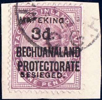 MAFEKING SIEGE 1900: 3d ON 1d BECH. PROTECTORATE STAMP ON PIECE (SACC6)