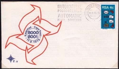 RSA 1975: OFFICIAL FDC 2.8A - POSTAL MECHANISATION SORTING - `A` CANCEL