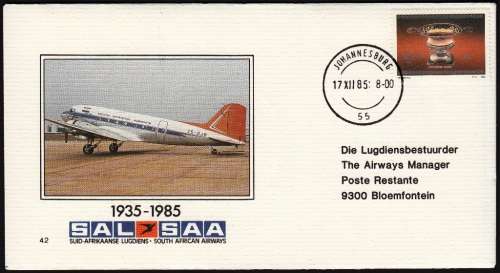 RSA 1985: SAA COVER NO 42 - 50years LOCAL SERVICE JHB - BLOEMFONTEIN