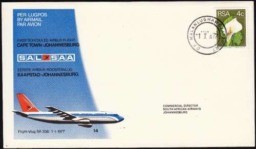 RSA: SAA COVER NO 14 1977 - 1st SCHEDULED AIRBUS FLIGHT - CAPE TOWN  TO JHB