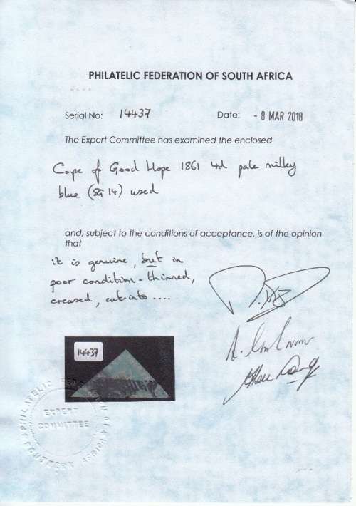 CAPE OF GOOD HOPE 1861: 4d  PALE MILKY BLUE USED (SACC 10) - WITH CERTIFICATE OF AUTHENTICITY
