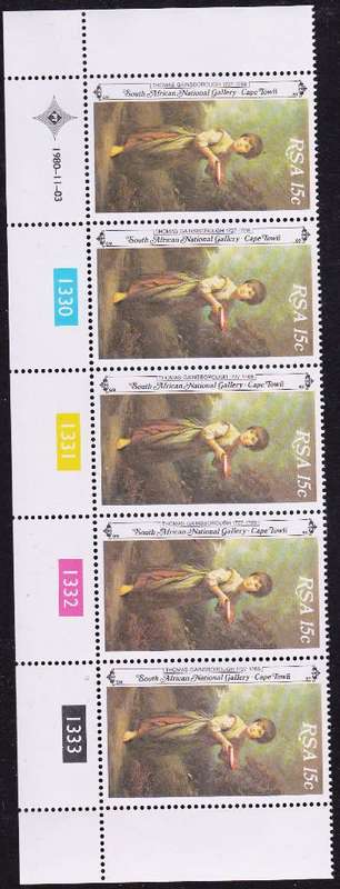 RSA 1980: NATIONAL ART GALARY FULL SET CONTROL STRIPS OF 5 MNH (SACC 485-488)