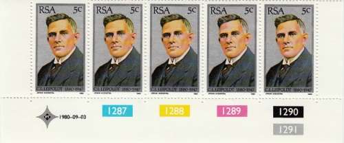 RSA 1980: TRIBUTE TO C LOUIS LEIPOLDT CONTROL STRIP OF 5 MNH (SACC 483)
