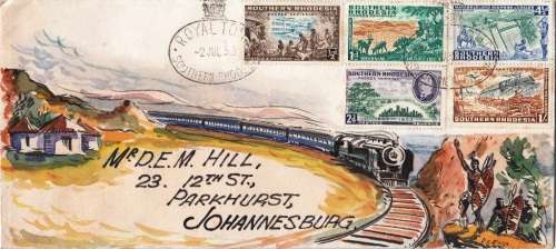 SOUTHERN RHODESIA HAND DRAWN COVER 1953: BIRTH CENT. OF CECIL RHODES STAMPS & ROYAL TOUR CANCEL
