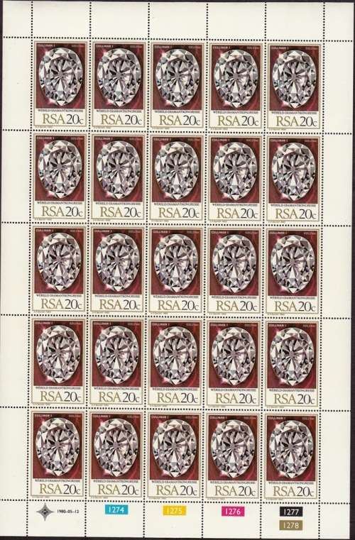 RSA 1980: WORLD DIAMOND CONGRESS 20c FULL SHEET OF 25 MNH (SACC 482)