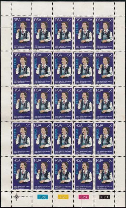 RSA 1981: CENETENARY OF INSTITUTES FOR THE DEAF AND BLIND 5c FULL SHEET OF 25 MNH (SACC 499)