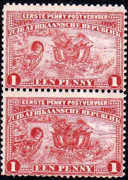 ZAR 2nd REPUBLIC 1885: EERSTE PENNY POST VERVOER 1d VERT. PAIR MH (SACC222)