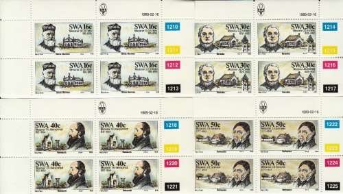 SWA 1989: GERMAN MISSIONARIES 1814-1870 FULL SET CONTROL BLOCKS MNH (SACC 518-521)