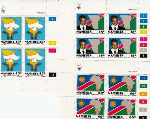 NAMIBIA 1990: INDEPENDENCE ISSUE FULL SET OF CONTROL BLOCKS MNH (SACC 1-3)