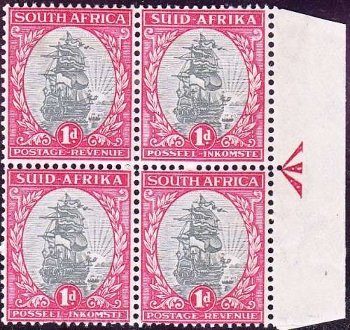 UNION OF SOUTH AFRICA 1950: DEFINITIVE ISSUE ARROW BLOCK 1d MH (SACC114)