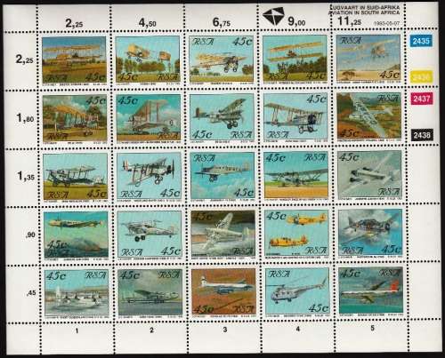 RSA 1983: AVIATION IN SOUTH AFRICA FULL SHEET OF 25 MNH (SACC 822)