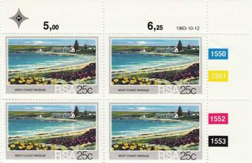RSA 1983: TOURISM. S.A. BEACHES FULL SET CONTROL BLOCKS MNH (SACC 553-556)