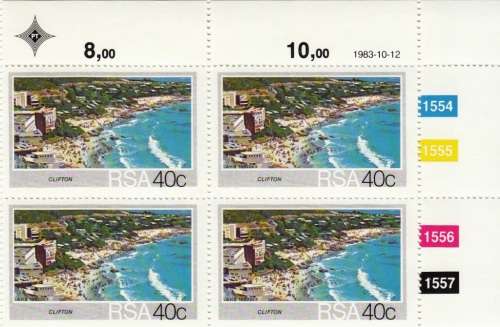 RSA 1983: TOURISM. S.A. BEACHES FULL SET CONTROL BLOCKS MNH (SACC 553-556)
