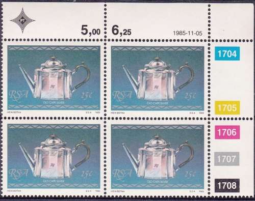 RSA 1985: CAPE SILVER FULL SET CONTROL BLOCKS of 4 MNH (SACC 596-599)