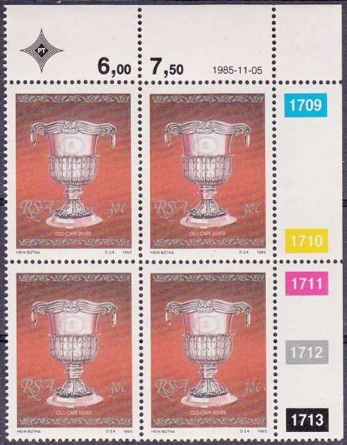 RSA 1985: CAPE SILVER FULL SET CONTROL BLOCKS of 4 MNH (SACC 596-599)