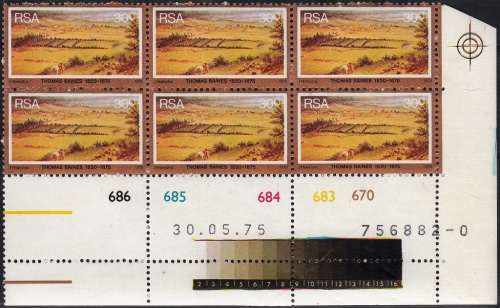 RSA 1975: DEATH CENTENARY OF THOMAS BAINES FULL SET CONTROL BLOCKS OF 6  MNH (SACC 384-387)