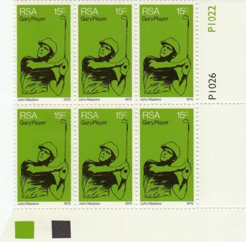 RSA 1976: GOLFER GARY PLAYER CONTROL BLOCK OF 6 MNH (SACC 413)