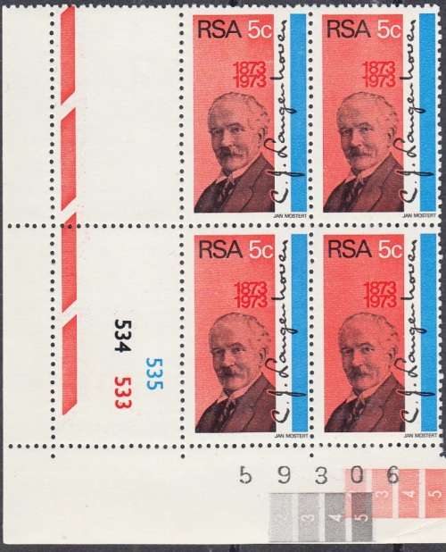 RSA 1973: BIRTH CENTENARY OF CJ LANGENHOVEN 5c CONTROL BLOCK MNH (SACC348)