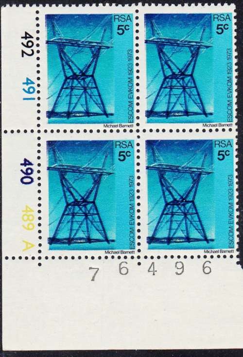 RSA 1973: 50th ANNIVERSARY OF ESCOM FULL SET CONTROL BLOCKS OF 4: PANE A and B MNH (SACC 338-340)