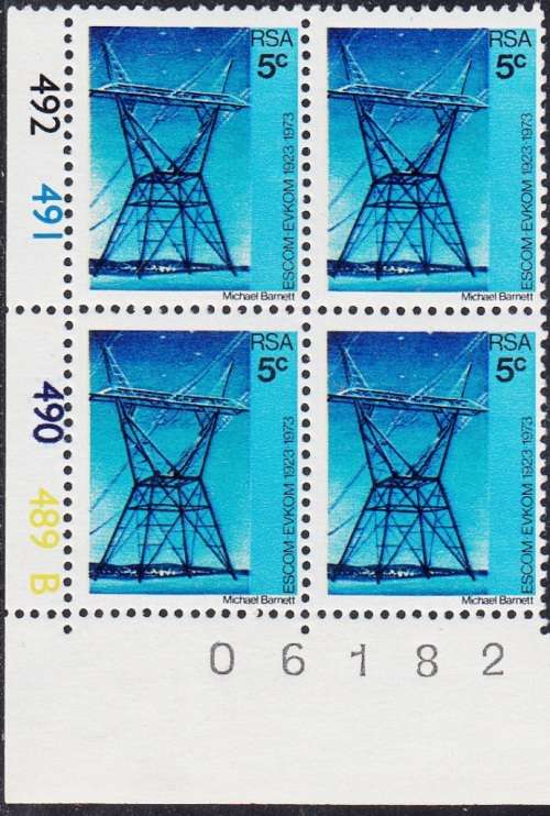 RSA 1973: 50th ANNIVERSARY OF ESCOM FULL SET CONTROL BLOCKS OF 4: PANE A and B MNH (SACC 338-340)