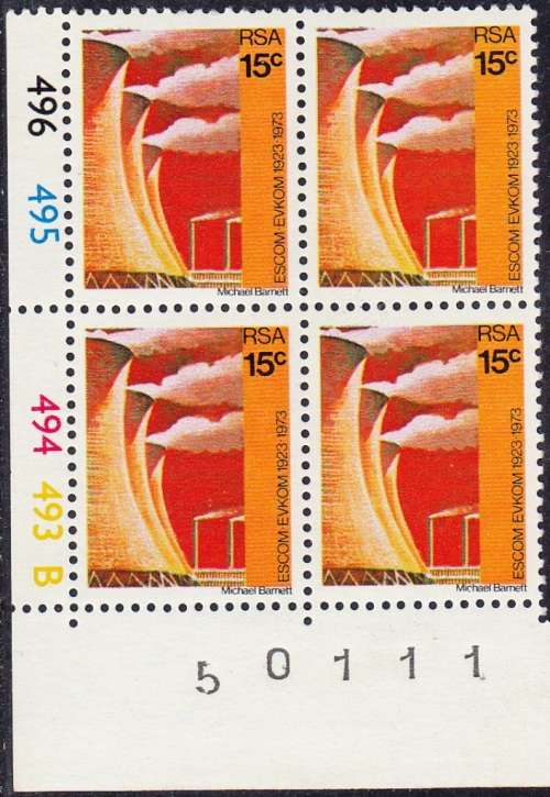 RSA 1973: 50th ANNIVERSARY OF ESCOM FULL SET CONTROL BLOCKS OF 4: PANE A and B MNH (SACC 338-340)