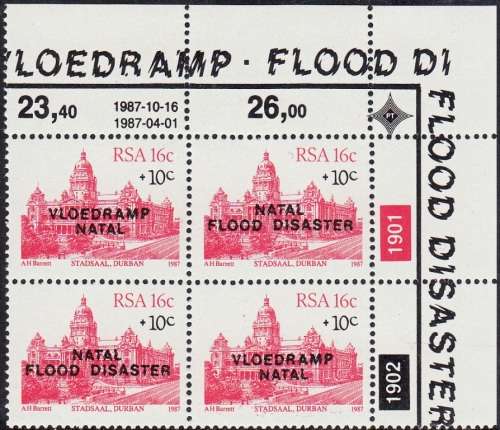 RSA 1987: NATAL RELIEF FUND 16c CONTROL BLOCK OF 4 MNH (SACC 633-634)