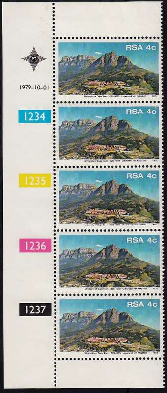 RSA 1979: 150th ANNIVERSARY OF CAPE TOWN UNIVERSITY CONTROL STRIP OF 5 MNH (SACC 469)