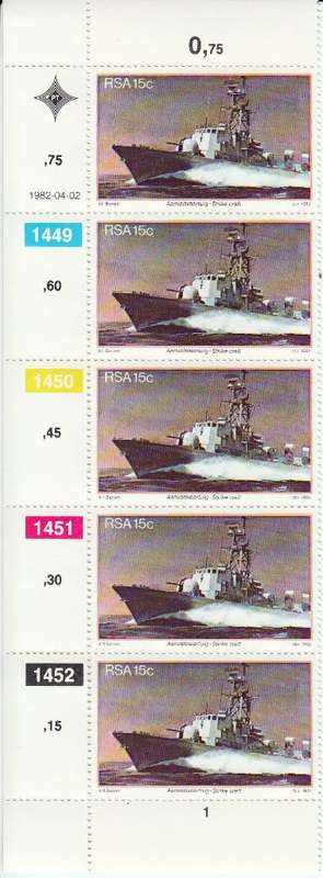 RSA 1982: ANNIVERSARY OF SIMONSTOWN FULL SET CONTROL STRIPS OF 5 MNH (SACC 510-513)
