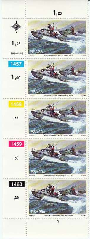 RSA 1982: ANNIVERSARY OF SIMONSTOWN FULL SET CONTROL STRIPS OF 5 MNH (SACC 510-513)