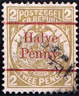 TRANSVAAL 2nd REPUBLIC 1893: ZAR 2d SURCHARGED ''HALVE PENNY" USED (SACC200) - 12½ SPACING