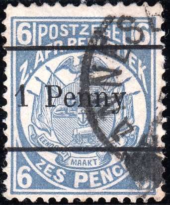 TRANSVAAL 2nd REPUBLIC 1893: ZAR 6d SURCHARGED ''1 PENNY" IN BLACK USED (SACC202) - 12½ SPACING