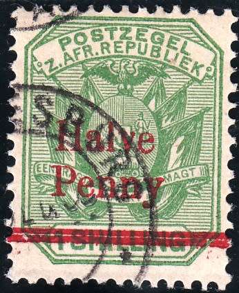 TRANSVAAL 2nd REPUBLIC 1895: ZAR 1s SURCHARGED "HALVE PENNY" USED (SACC219) - SPACED 3½mm