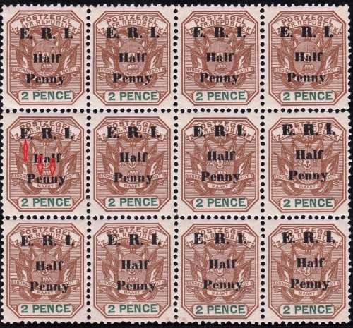 TRANSVAAL 2nd BRIT OCCUPATION 1901: 2d SURCHARGED "E.R.I. Half Penny" BLOCK MNH (SACC 249) - VARIETY