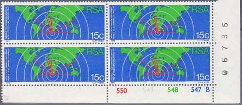 RSA 1973: WORLD TELECOM DAY 15c CONTROL BLOCKS OF 4: PANES A and B MNH (SACC350a) - WMK RSA