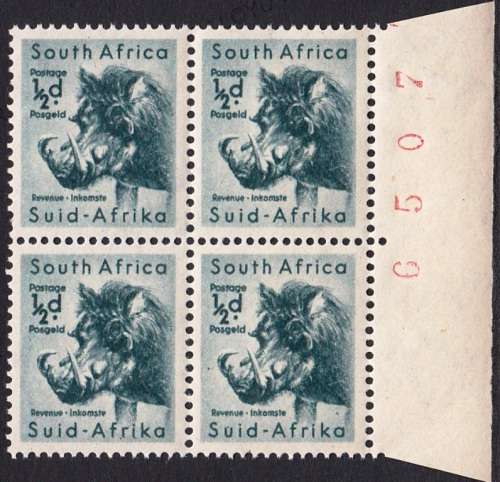UNION 1954: DEFINITIVE ISSUE ½d BLOCK OF 4 with SHEET NUMBER IN RED: CYLINDER 84 MNH (SACC150)
