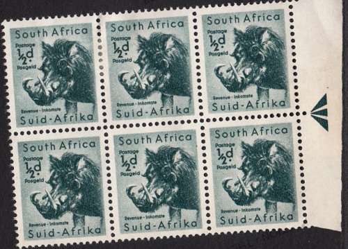 UNION 1954: DEFINITIVE ISSUE ½d RIGHT MARGIN ARROW BLOCK OF 6 MH (SACC150)