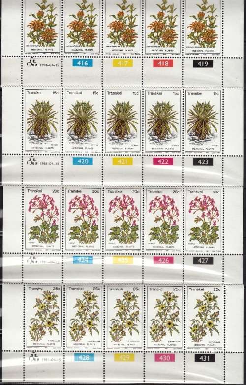 TRANSKEI 1981: MEDICINAL PLANTS FULL SET CONTROL STRIPS OF 5 MNH (SACC 88-91)