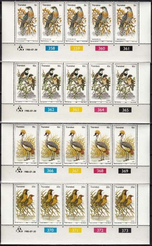 TRANSKEI 1980: BIRDS FULL SET CONTROL STRIPS OF 5 MNH (SACC 75-78)