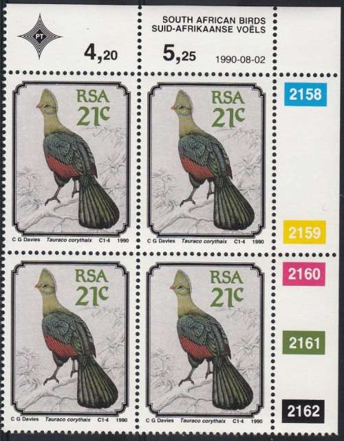 RSA 1990 SOUTH AFRICAN BIRDS FULL SET CONTROL BLOCKS MNH (SACC 727-730)