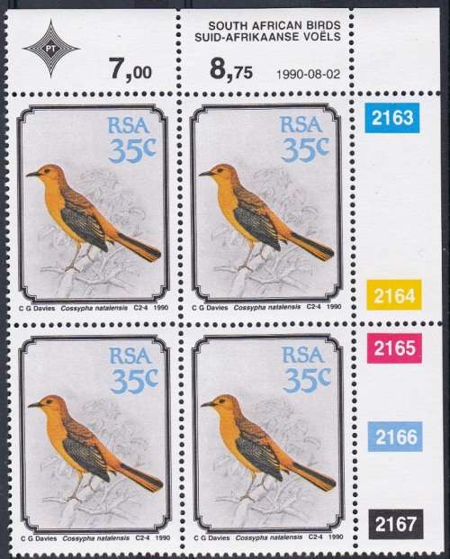 RSA 1990 SOUTH AFRICAN BIRDS FULL SET CONTROL BLOCKS MNH (SACC 727-730)