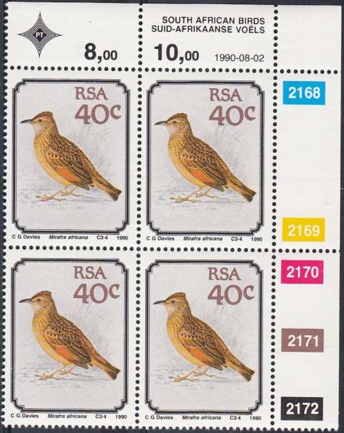 RSA 1990 SOUTH AFRICAN BIRDS FULL SET CONTROL BLOCKS MNH (SACC 727-730)
