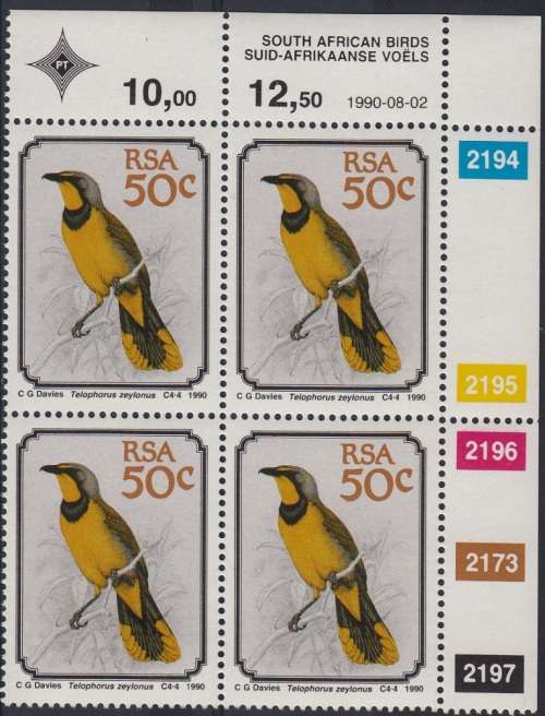 RSA 1990 SOUTH AFRICAN BIRDS FULL SET CONTROL BLOCKS MNH (SACC 727-730)