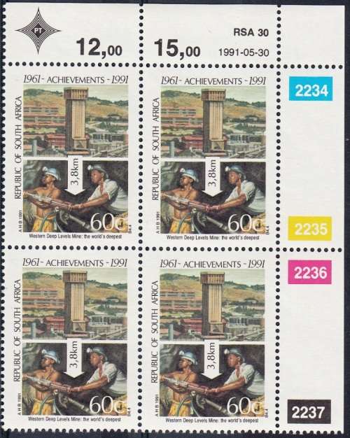 RSA 1991: 30th ANNIVERSARY OF REPUBLIC FULL SET CONTROL BLOCKS OF 4 MNH (SACC 746-749)