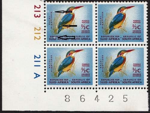 RSA 1968: DEFINITIVE ISSUE ½c KINGFISHER CONTROL BLOCKS A &B MNH (SACC261a) - VARIETY