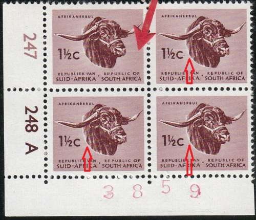 RSA 1968: DEFINITIVE ISSUE 1½c CONTROL BLOCK OF 4: CYL 247 248A MNH (SACC263a) - VARIETY SEE BELOW