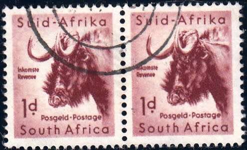 UNION OF S.A. 1959: DEFINITIVE ISSUE 1d WILDEBEEST PAIR USED (SACC 179)